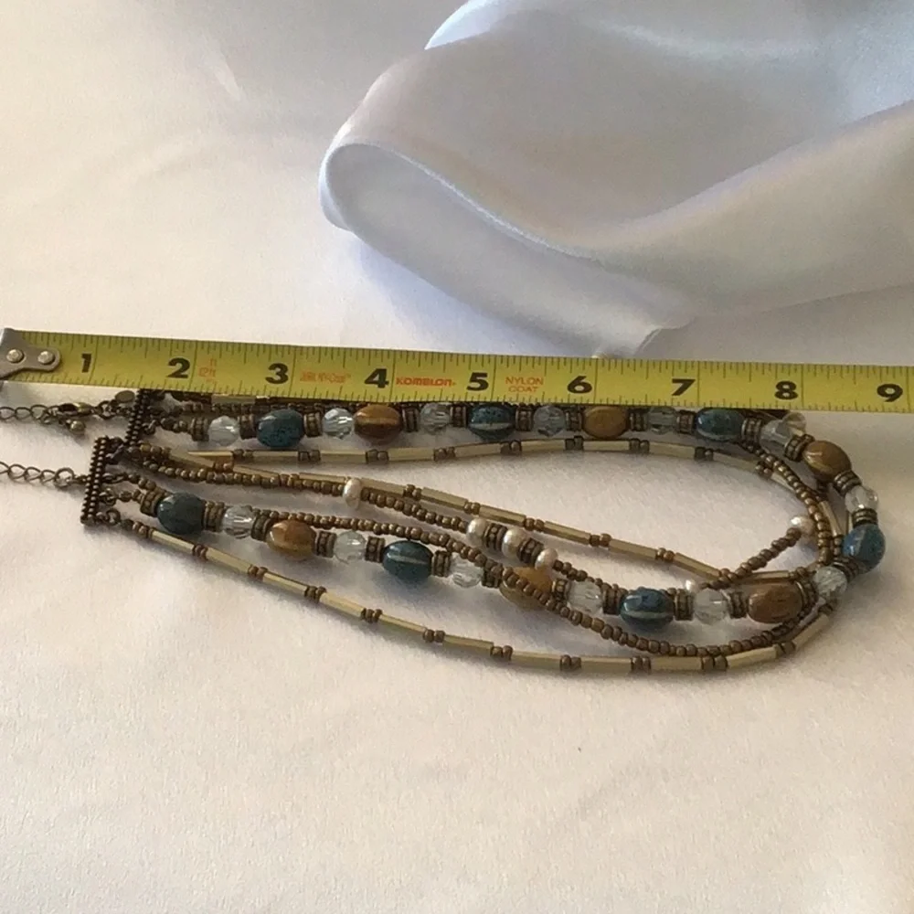Premier Design 5 strand necklace in blues, mustard colors with‎ burnished…